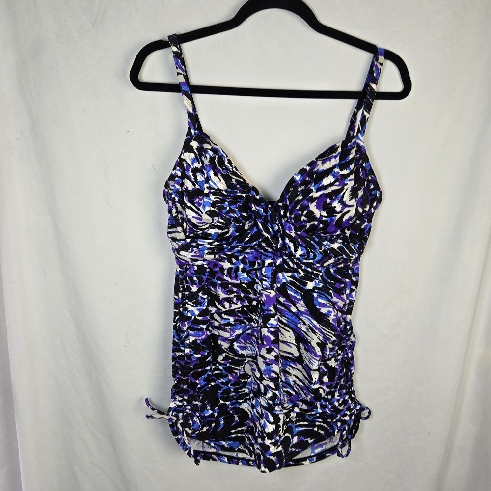 TrimShaper Womens 12 Tankini Swim Top ONLY Abstract Ruched Slimming Vacation